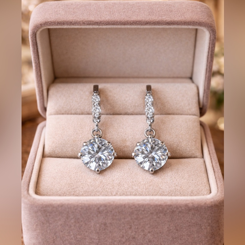 Solid Sterling Silver Moissanite Solitaire Drop Earrings 1 Ct Each/2Ct Total 💫